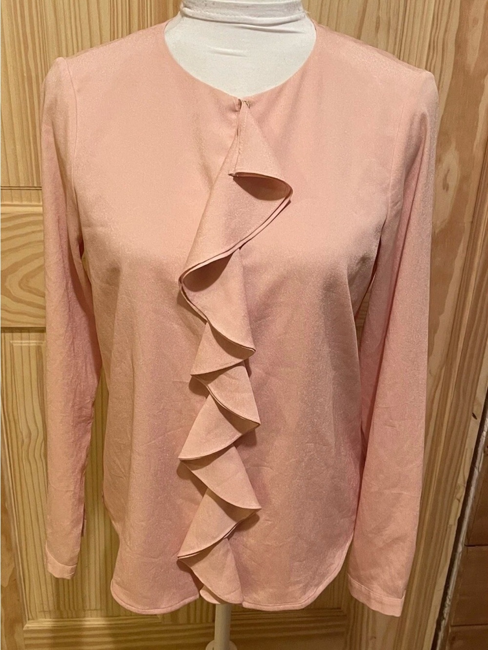 Kari Lagerfeld Paris Pink Long Sleeve Ruffle Front Blouse Top L large
